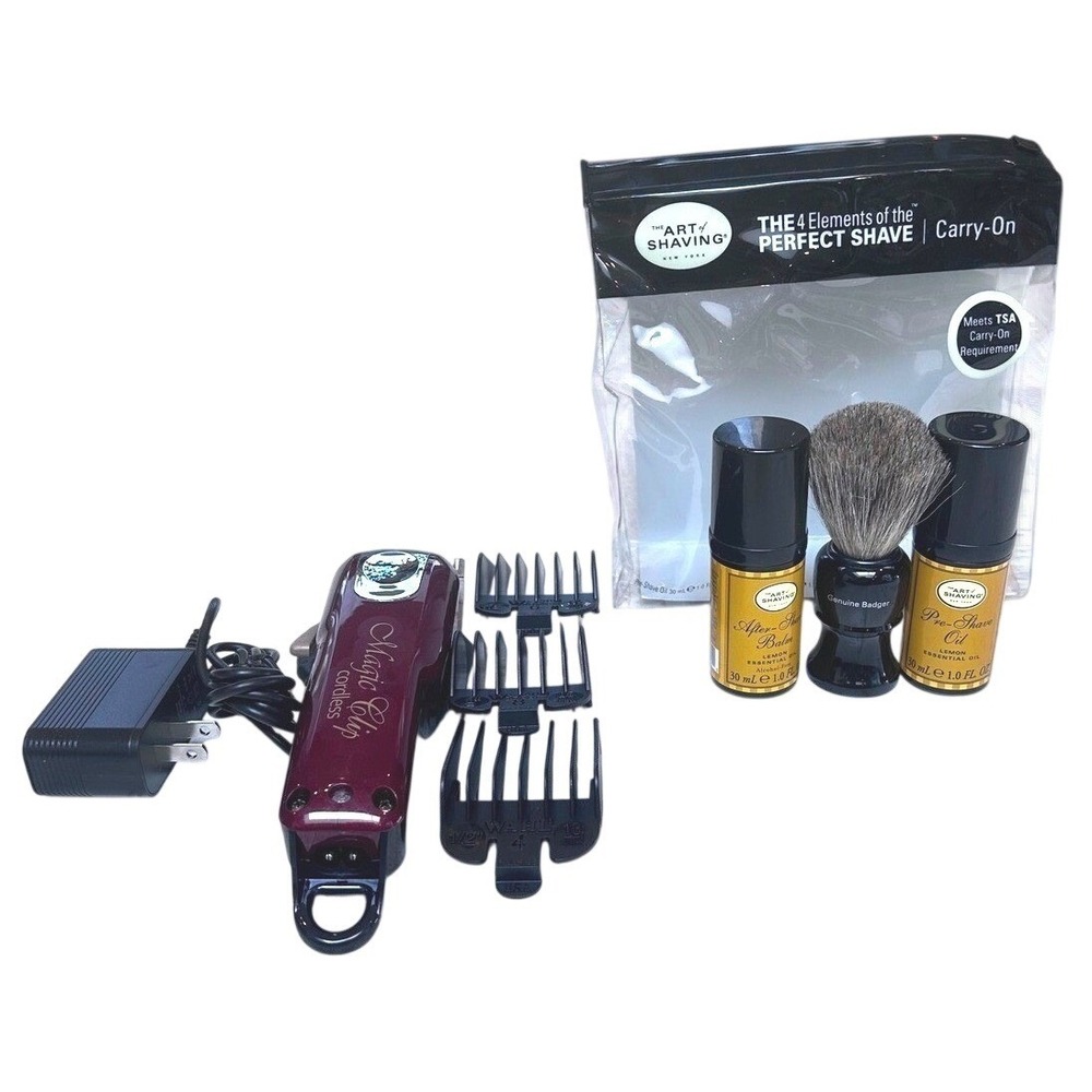 Wahl‎ Magic Clip Cordless Clipper & Art of Shaving Travel Kit Bundle Burgundy